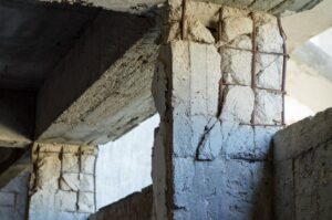 professional concrete restoration is often the only way to restore dilapidated foundations. Weathered concrete supports showing metal beams underneath.